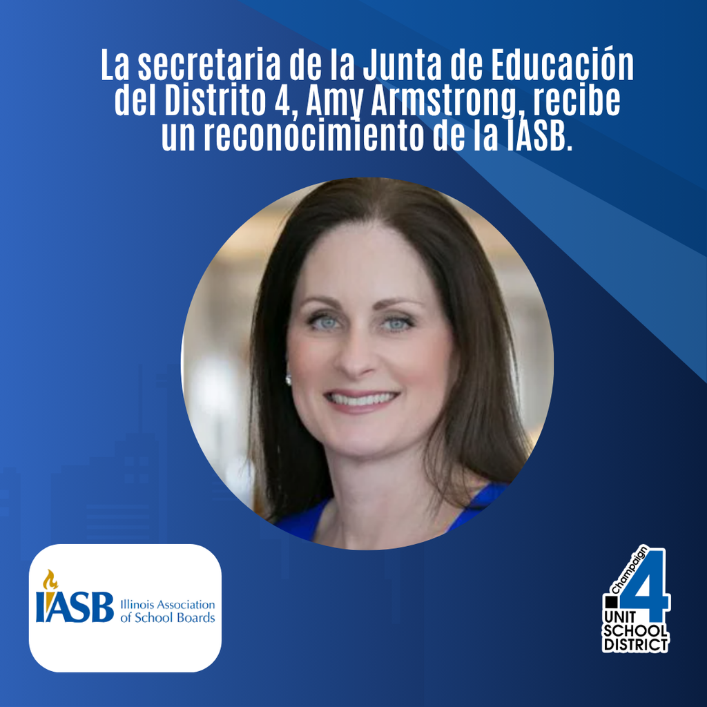 Woman with brown hair, smiling, wearing blue, against blue background with text in Spanish and logos.