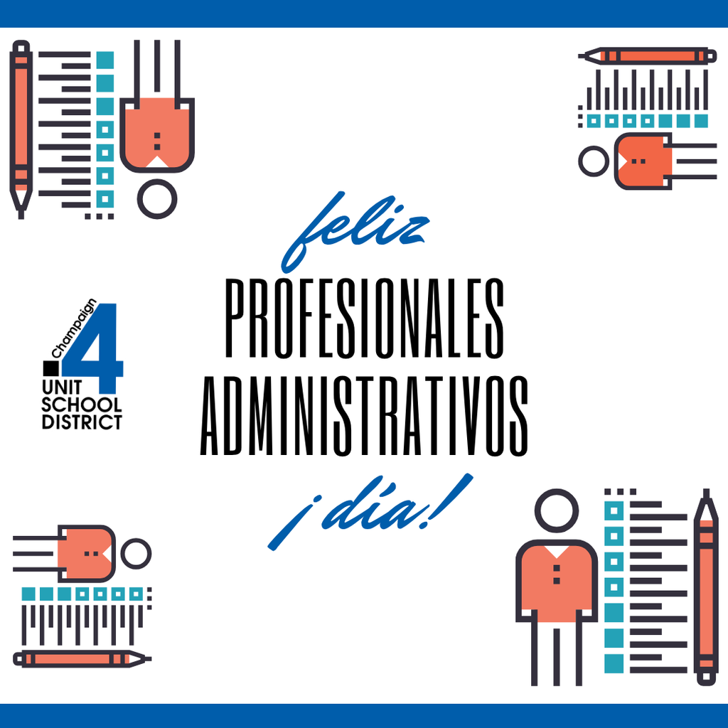 White background with blue text and icons. Icons include a person, pencil, ruler, and others. Text reads "feliz profesionales administrativos 1 dia!"