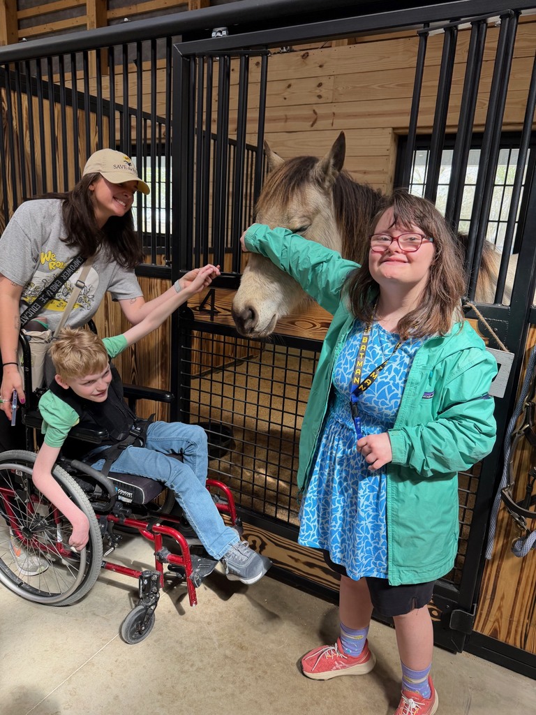 Three people stand in a stall with a horse; one in a wheelchair, another touching the horse, and a third standing nearby.