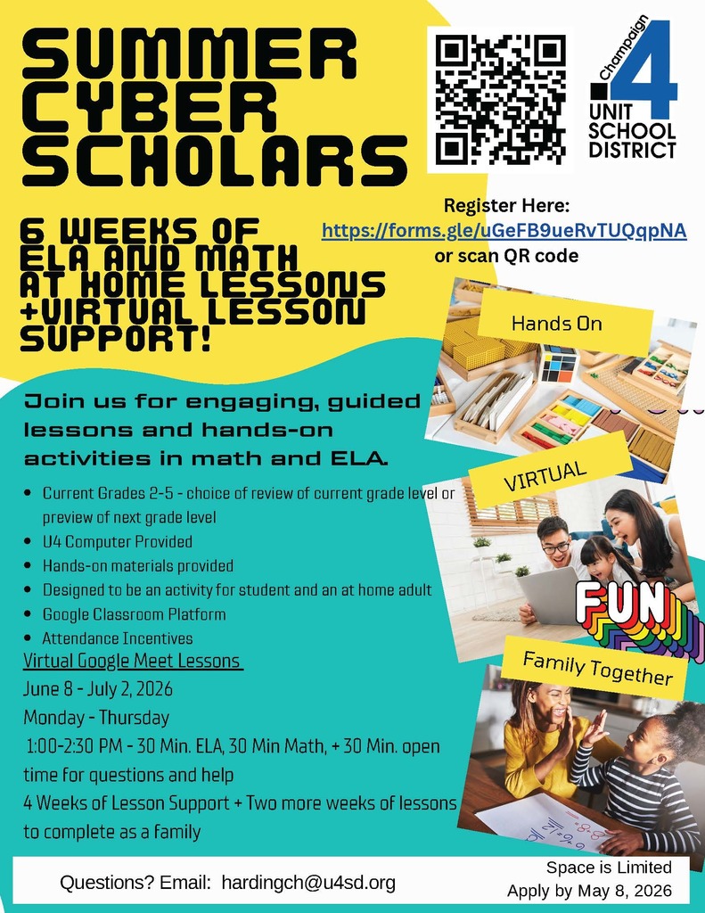 Poster about Summer Cyber Scholars, showing people using computers, with text about 6 weeks of math and English lessons, hands-on activities, and family participation.