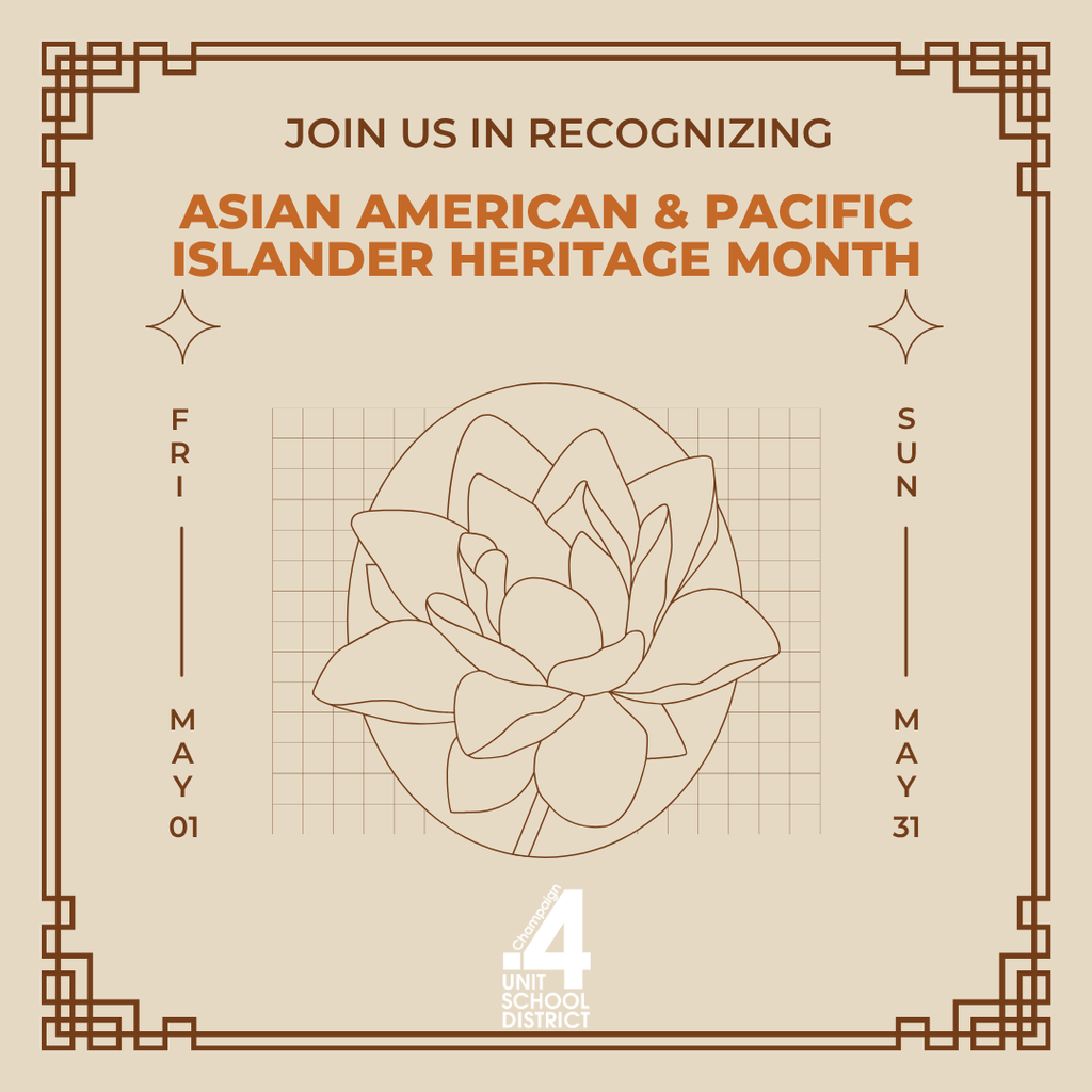 A beige backdrop with a floral graphic. Text reads: "JOIN US IN RECOGNIZING ASIAN AMERICAN & PACIFIC ISLANDER HERITAGE MONTH." Dates May 1st - May 31st.