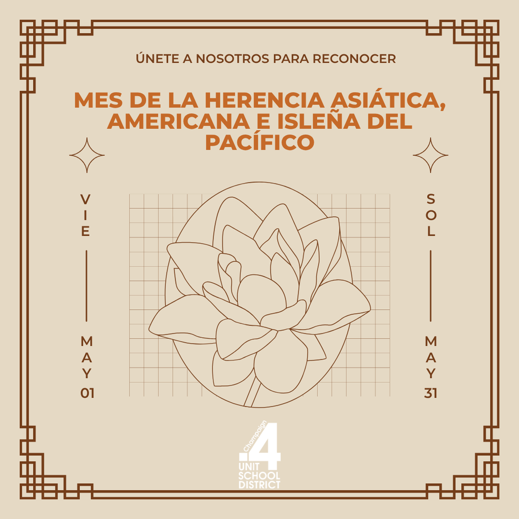 A beige background with a flower icon, framed by a decorative border. Text reads "Mes de la Herencia Asiática, Americana e Isleña del Pacífico".