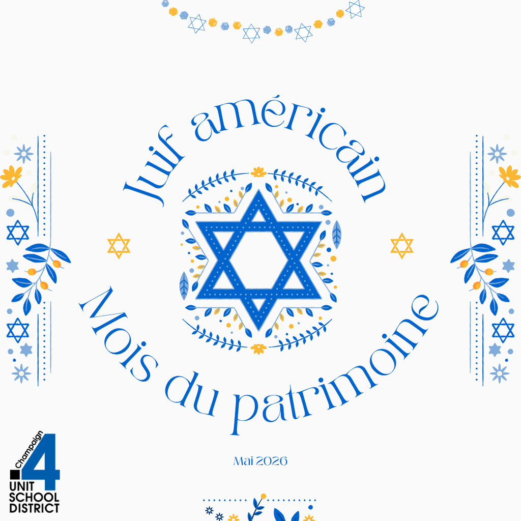 A white backdrop features a blue star of David surrounded by leaves. "Juif américain Mois du patrimoine" is written in blue text.