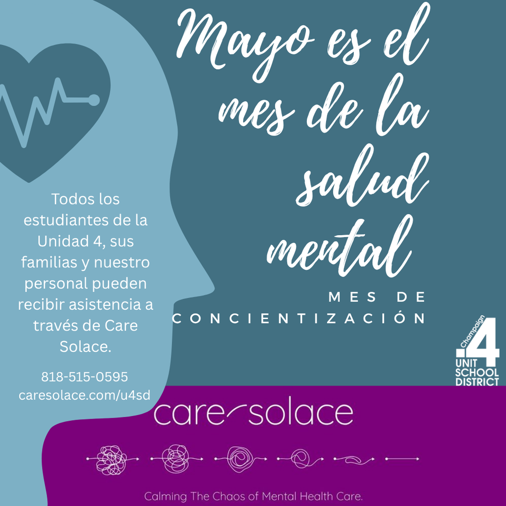 A poster highlights "Mayo es el mes de la salud mental" with a heart and brain silhouette. Text reads "Todos los estudiantes" and "Concientización". Contact details and "Care+Solace" logo are displayed.