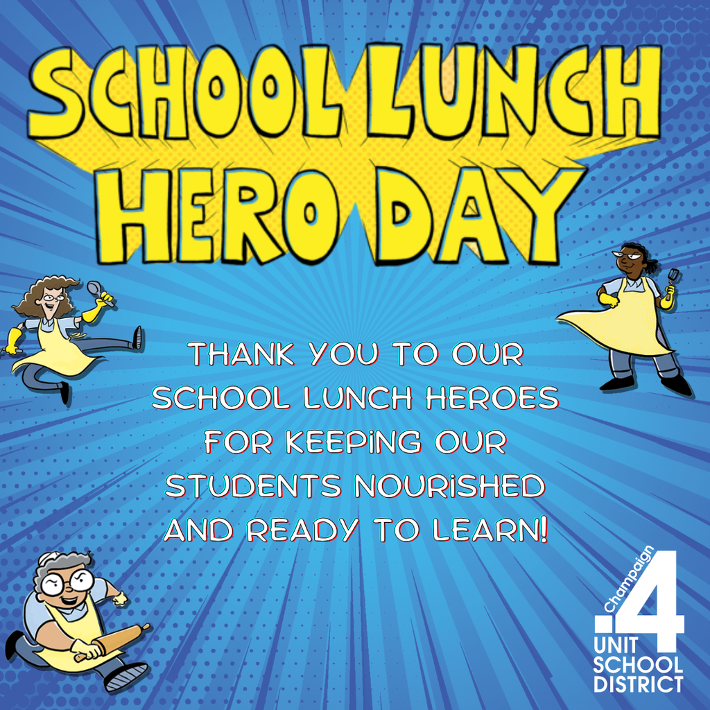 Graphic shows three people in aprons. Text reads "SCHOOL LUNCH HERO DAY". Background is blue.