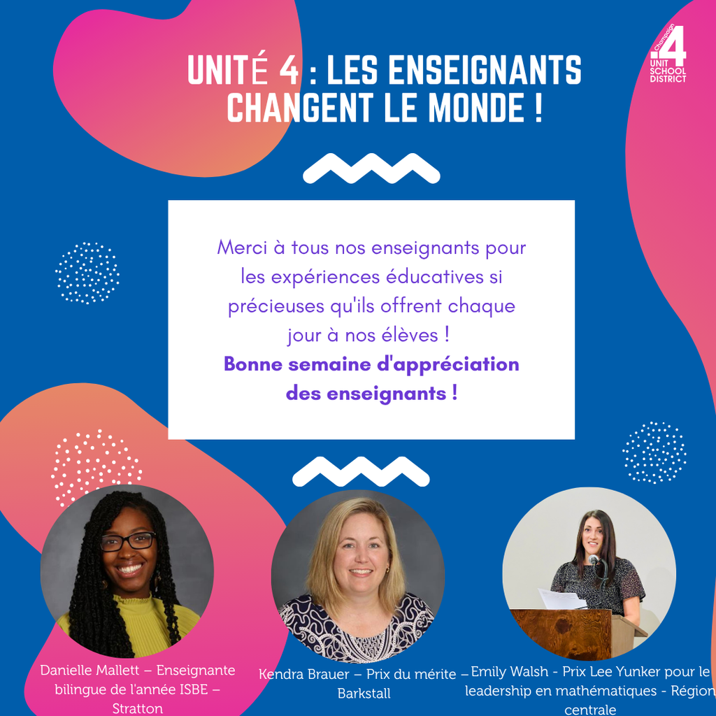 Three women are featured on a blue and pink poster with French text. The text translates to 'Thank you to all our teachers for the educational experiences'.