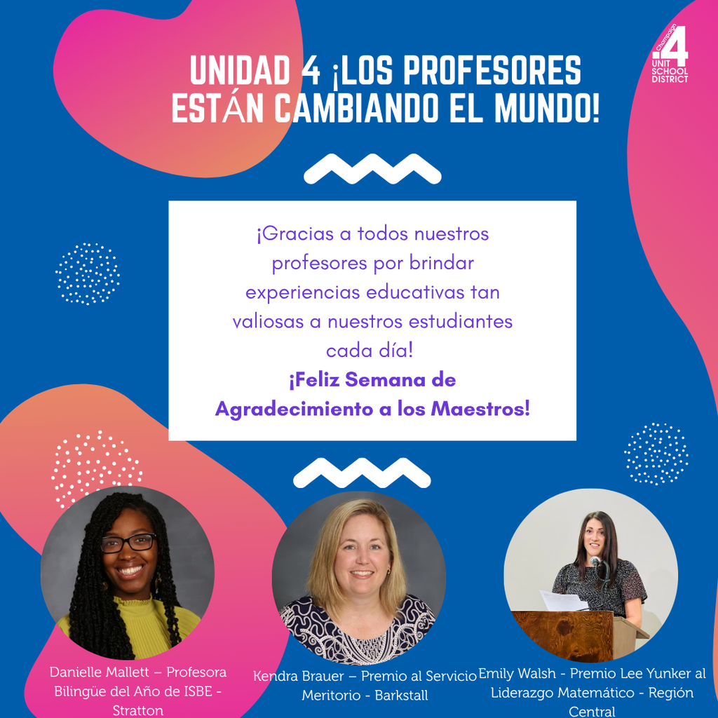 Bright poster with blue, red, and white colors. It says "Unidad 4 Los Profesores Están Cambiando El Mundo!" Three women are featured with their names and roles.
