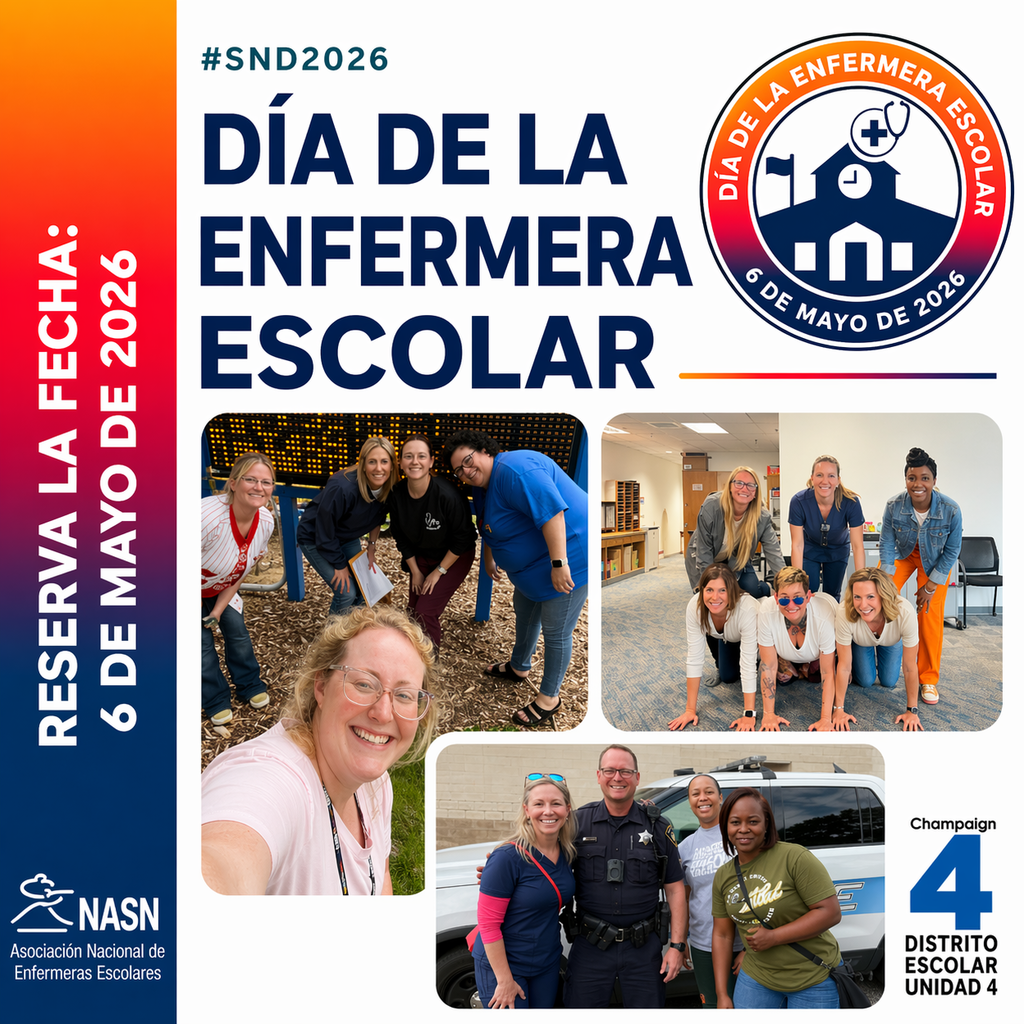 Collage of photos showing school nurses in various activities. Background includes text and logos.