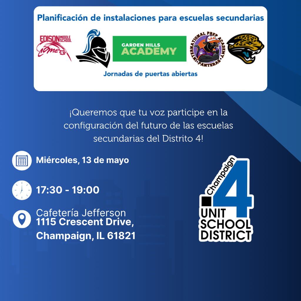Blue background with event details: "Miércoles, 13 de mayo, 17:30 - 19:00, Cafeteria Jefferson, 1115 Crescent Drive, Champaign, IL 61821." Logos present.
