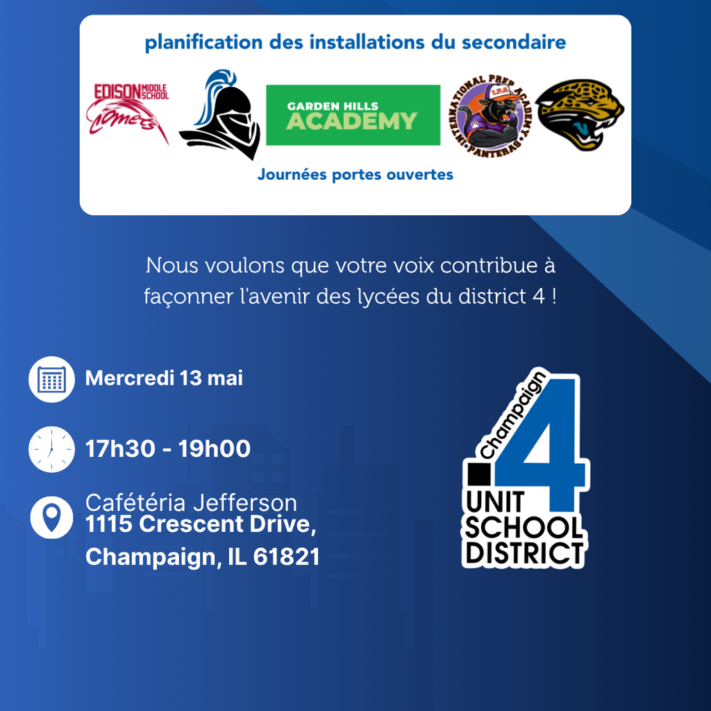Blue background with white and green text. Logos for several organizations. Details for an event on May 13th.