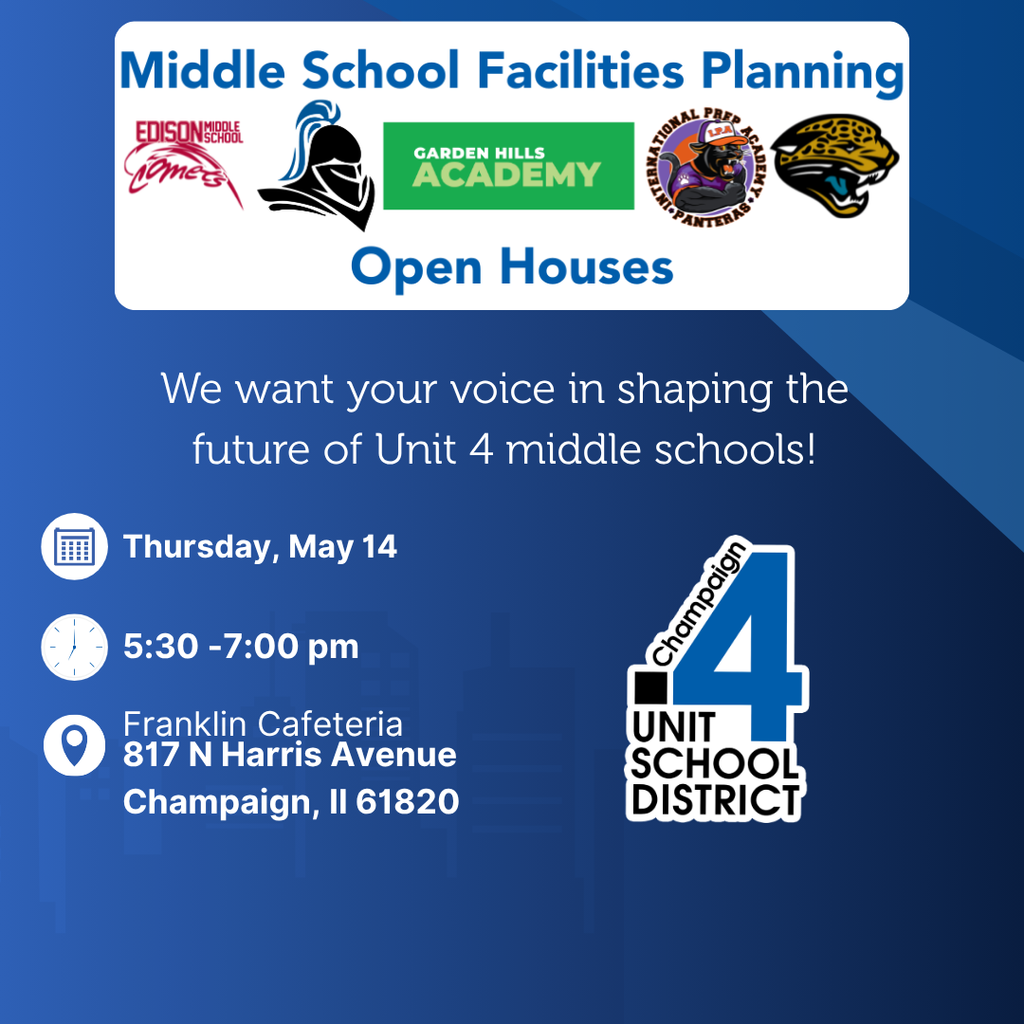 Blue background with white text. It reads "Middle School Facilities Planning Open Houses." Logos are present.