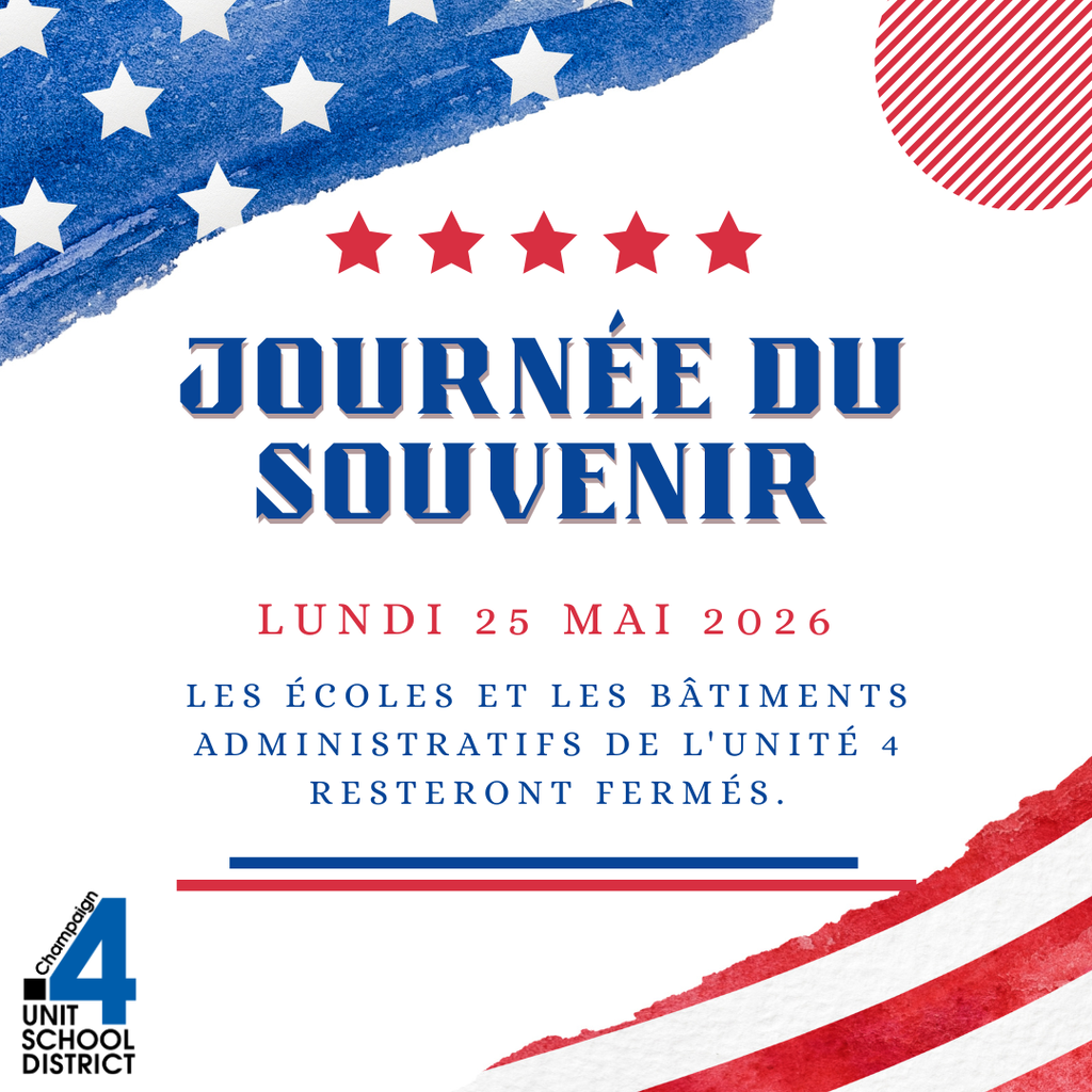 A poster with a blue background displays text in French and English, featuring stars and flag elements. It says "JOURNEE DU SOUVENIR" and "LUNDI 25 MAI 2026."