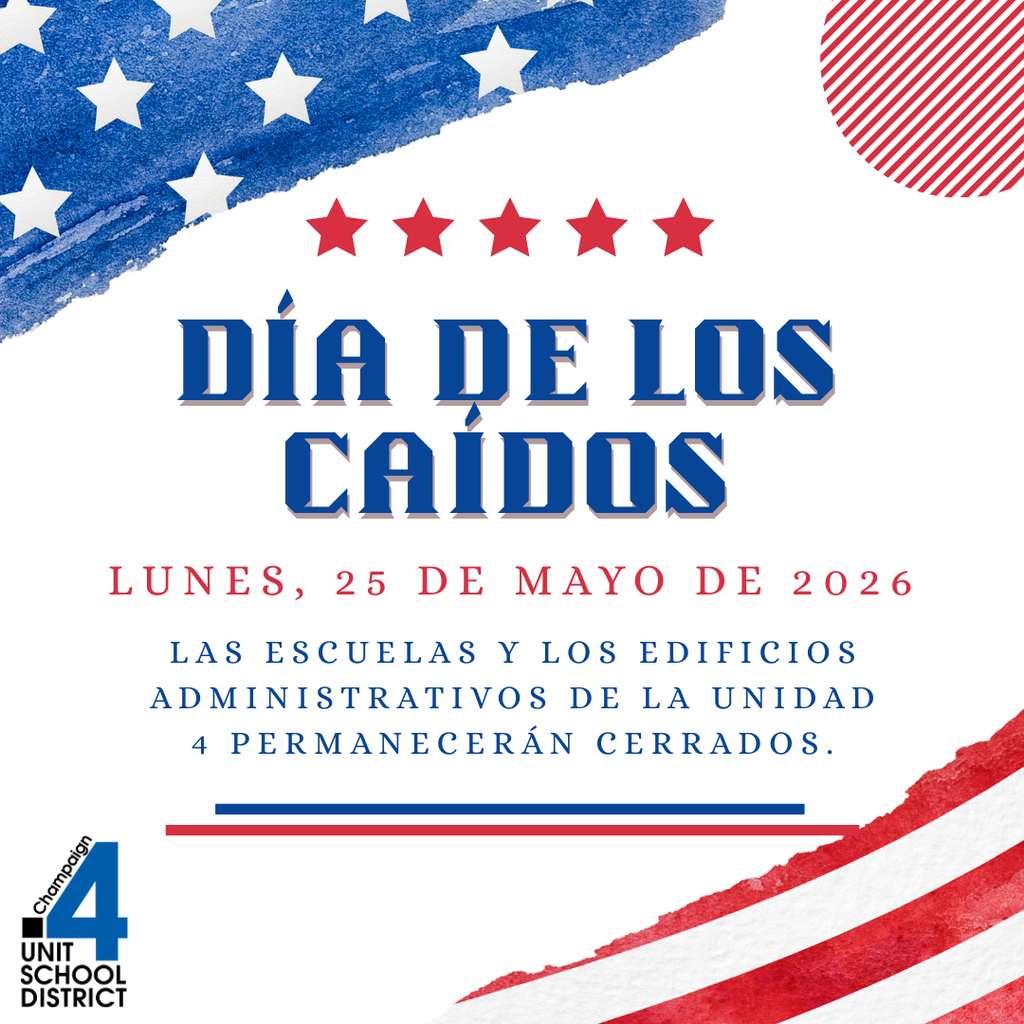 White background with blue, red, and white brush strokes. Text reads "Día de los Caídos, 25 de Mayo de 2026" and "Schools and offices will be closed".