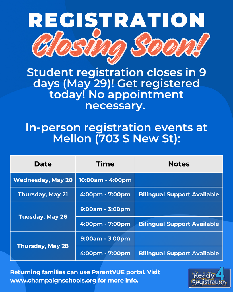 Blue background with white text. Registration closing in 9 days. Dates, times, and bilingual support notes. Visit website for more information.