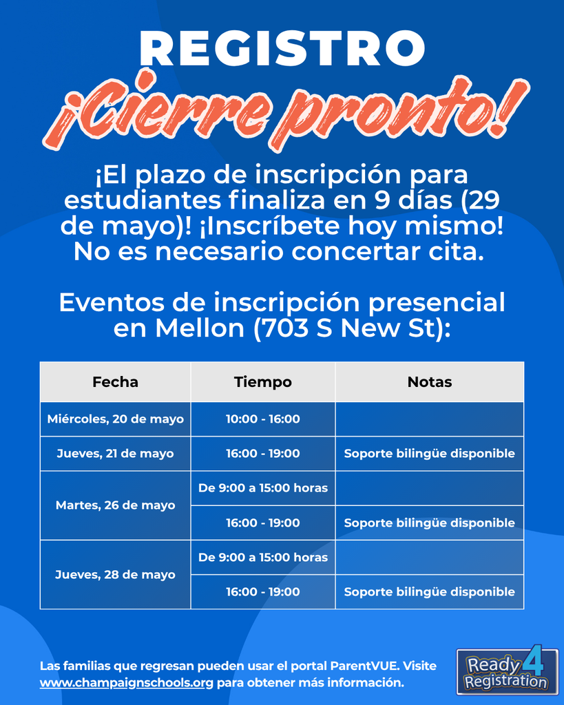 Blue and white flyer with bold text and a schedule table. The title reads "REGISTRO ¡Cierre pronto!" with a deadline of 9 days.
