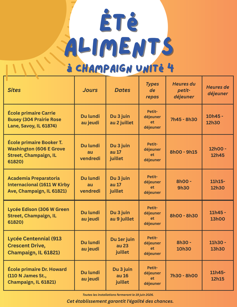 Orange poster with white text. It shows a list of schools and their meal and event times.