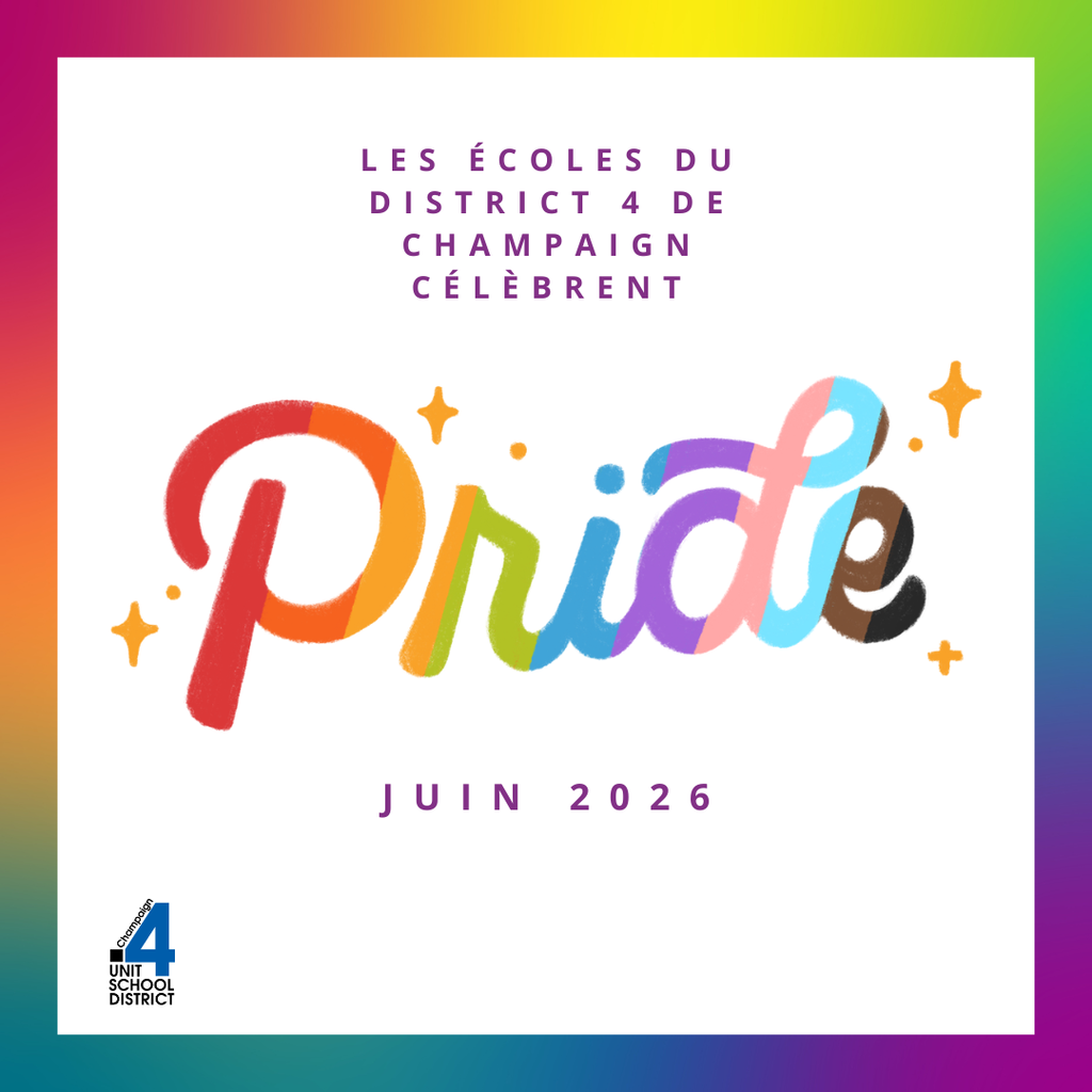Rainbow text "Pride" in multiple colors, stars, and "Les Écoles du District 4 de Champagne Célébrent" above. Date "Juin 2026" below.