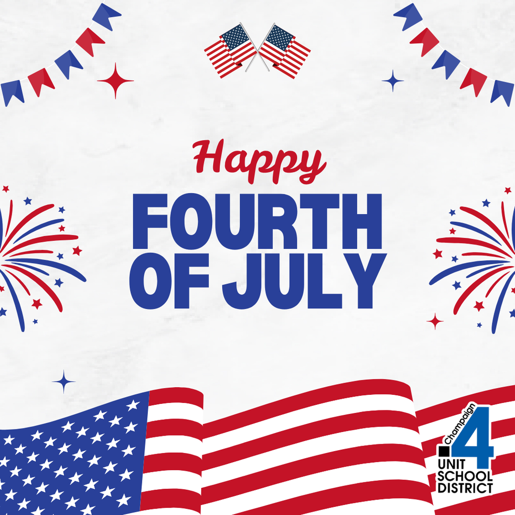 A design with "Happy Fourth of July" in blue. Red, white, and blue flags, and fireworks in the background.