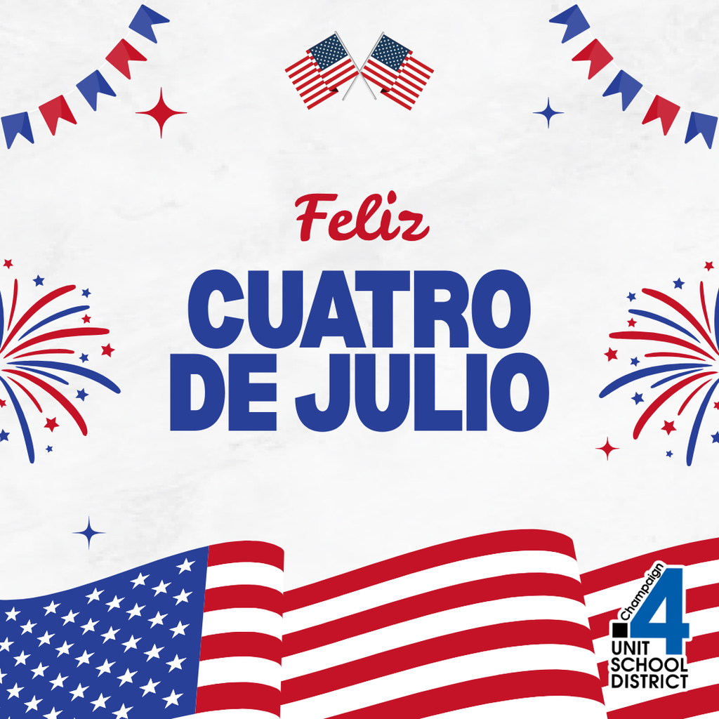 Bright red, white, and blue elements including flags, fireworks, stars, and text "Feliz Cuatro de Julio" in blue.
