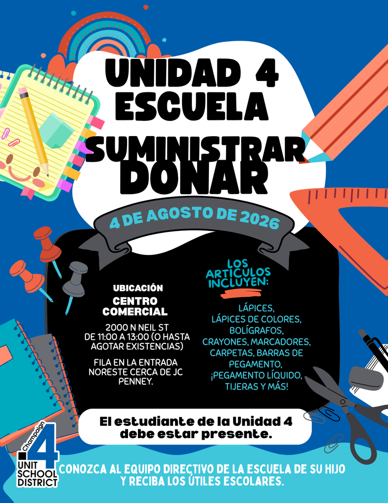 An event poster displays the words "Unidad 4 Escuela Suministrar Donar" and details of an event on August 4, 2026.