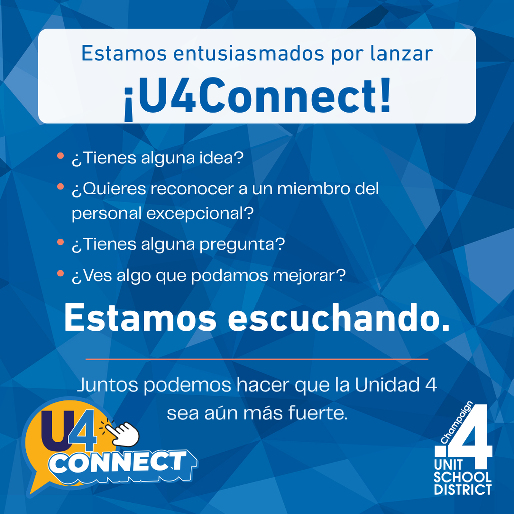 Blue background with a diamond pattern. Text in bold white font: "iU4Connect!" Below, bullet points in white: questions and statements. "Estamos escuchando" and "Juntos podemos" in large white.