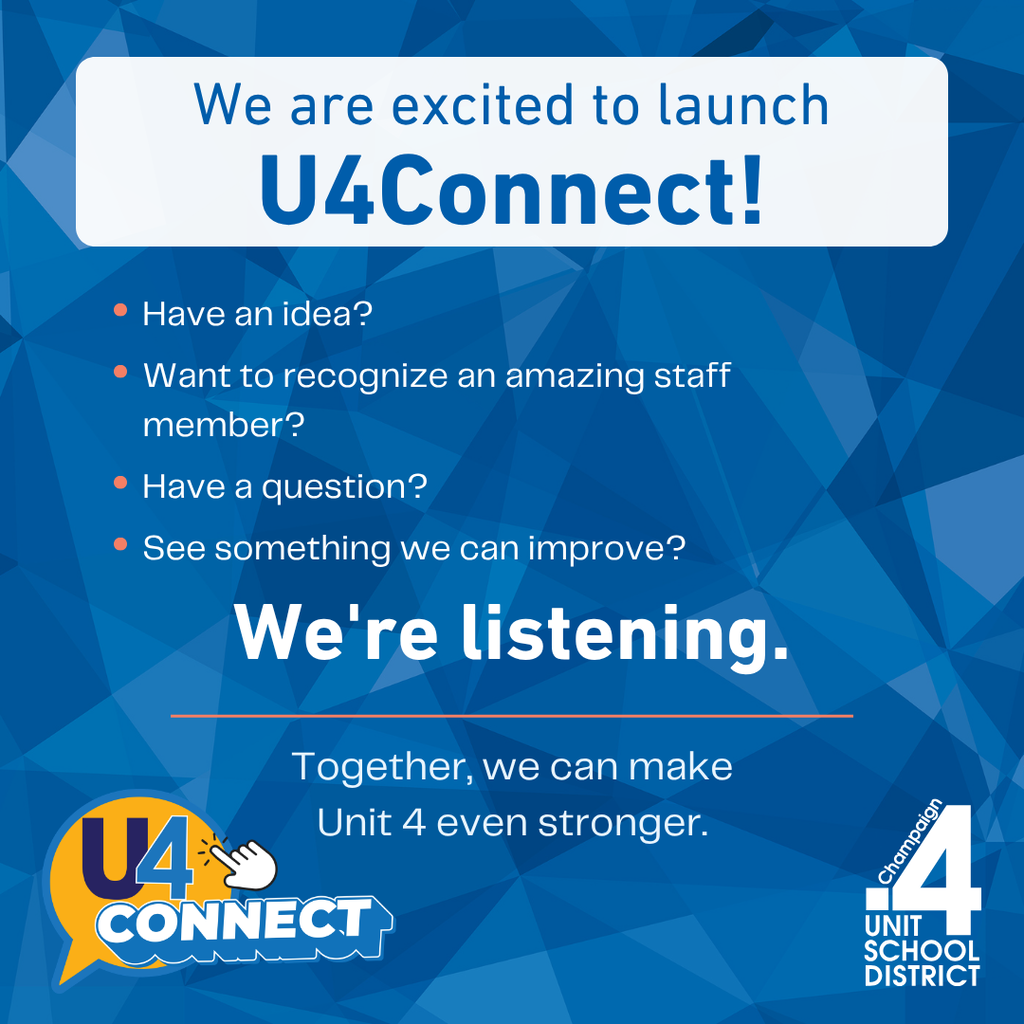 A blue-patterned background promotes U4Connect. The text reads "We are excited to launch U4Connect!" and "We're listening."