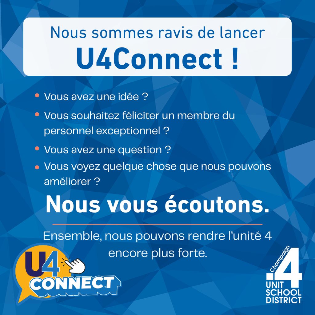 Bright blue background with text and logo. White text reads "Nous sommes ravis de lancer U4Connect!" Logo below.