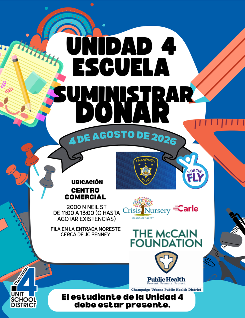 Poster with blue and orange background. It reads "Unidad 4 Escuela Suministrar Donar" with a date of August 4, 2026.