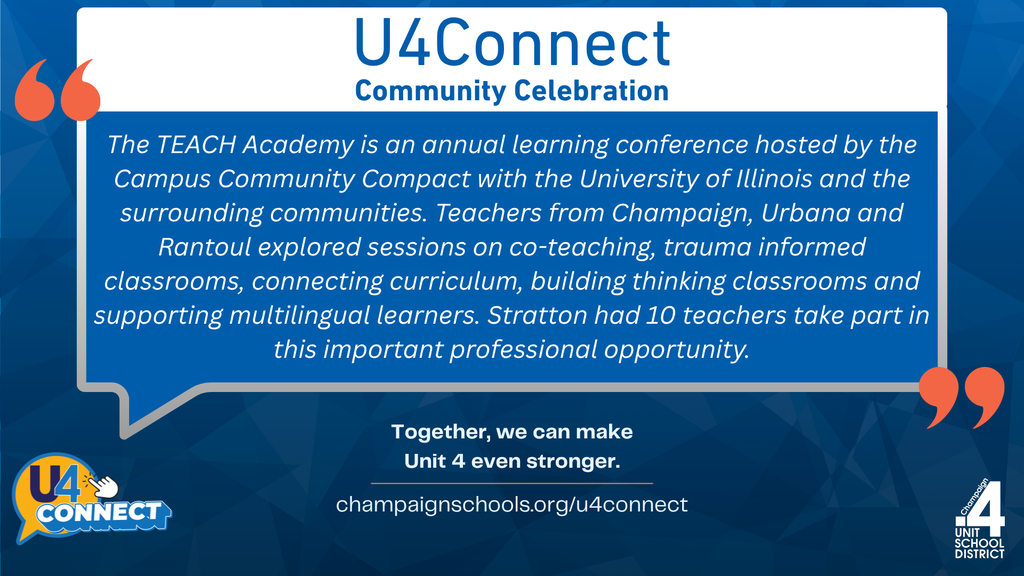 Blue background with text. The title reads "U4Connect Community Celebration". Text below provides information about a learning conference.
