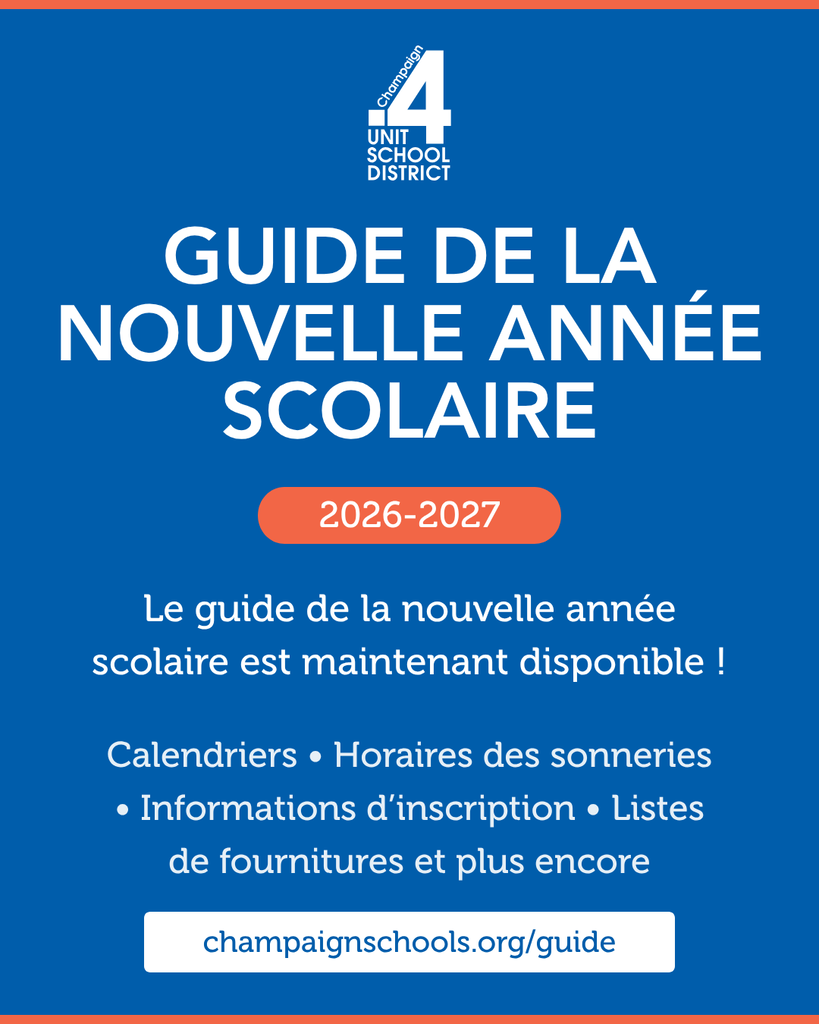 A blue banner with white text announces the availability of the 2026-2027 school year guide. It includes sections on calendars, sleeping times, registration info, supply lists, and more.
