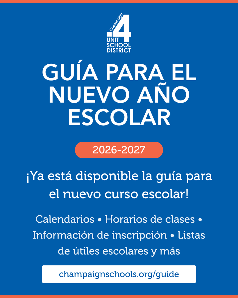 Blue poster with white text: "Guia para el nuevo año escolar 2026-2027." Information on school calendars, class times, and more.
