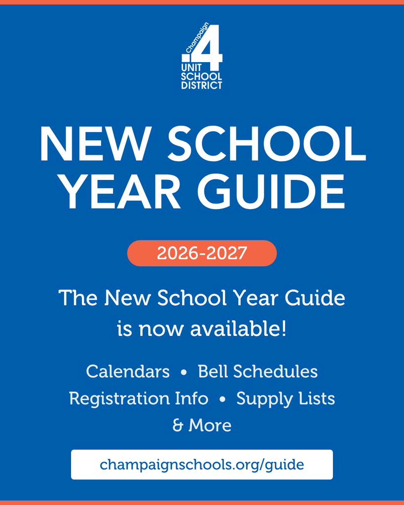 Blue poster for Unit 4 New School Year Guide 2026-2027, with options like calendars, bell schedules, and more.