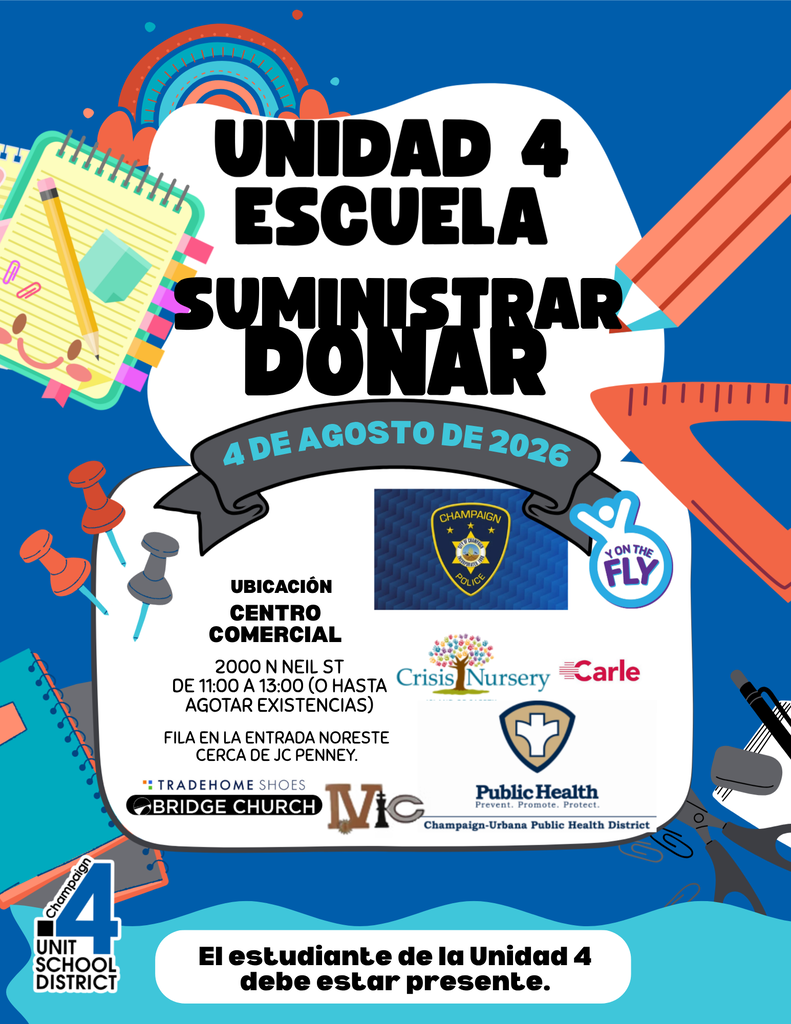 A flyer advertises a school supply donation event for Unidad 4. The date is August 4, 2026.