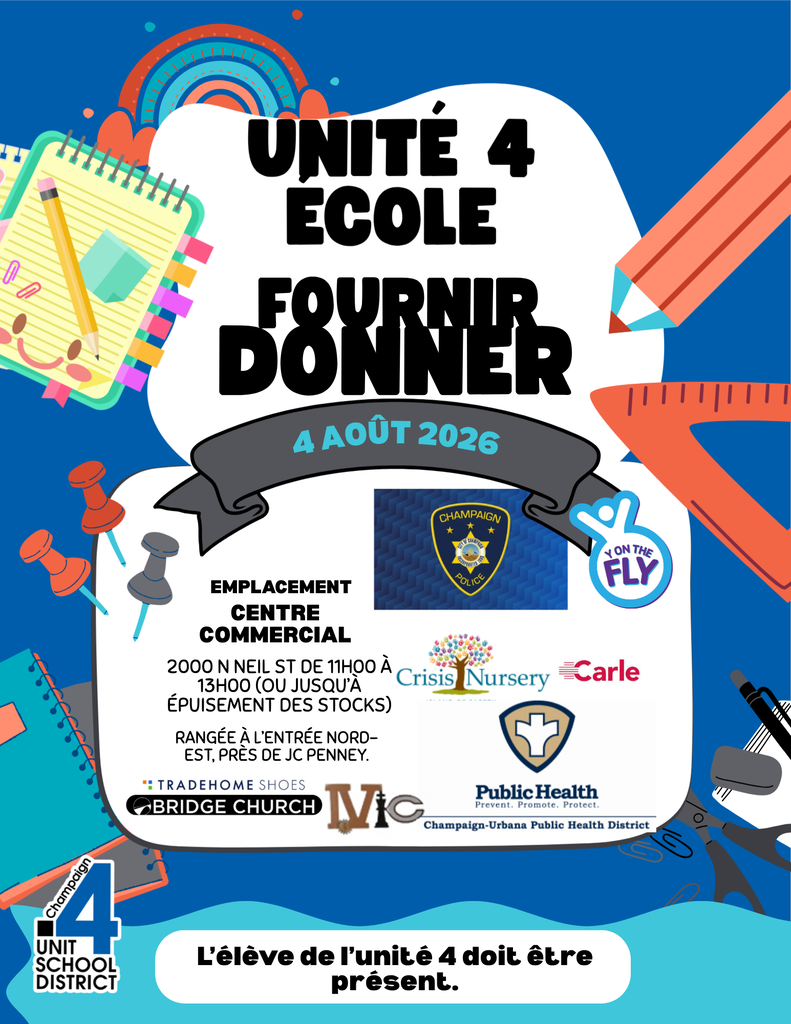 An event flyer for Unité 4 Ecole Fournir Doner, dated August 4, 2026. Features icons of school supplies, a flag, and logos of sponsors.