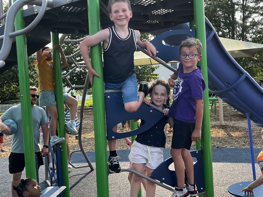 Kids climbing on a play structure with a slide in the background; some adults are present.