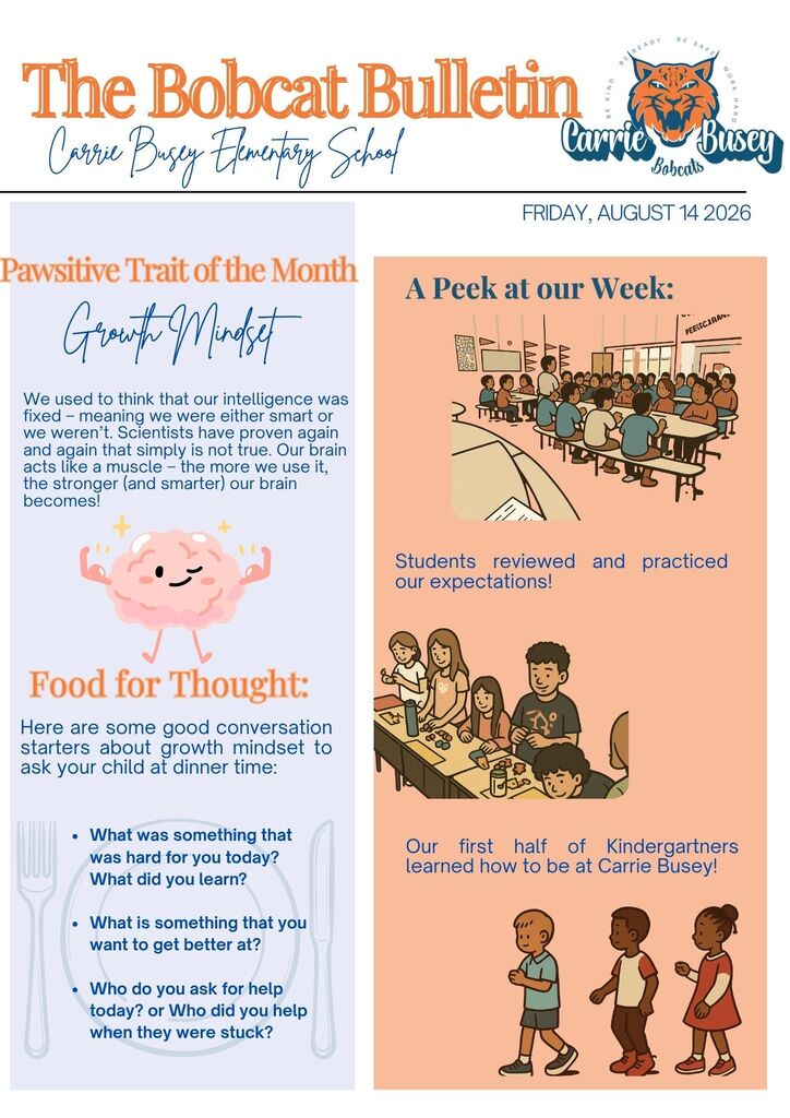 A bulletin with title "The Bobcat Bulletin" displays a section for Pawsitive Trait of the Month, growth mindset, and food for thought.