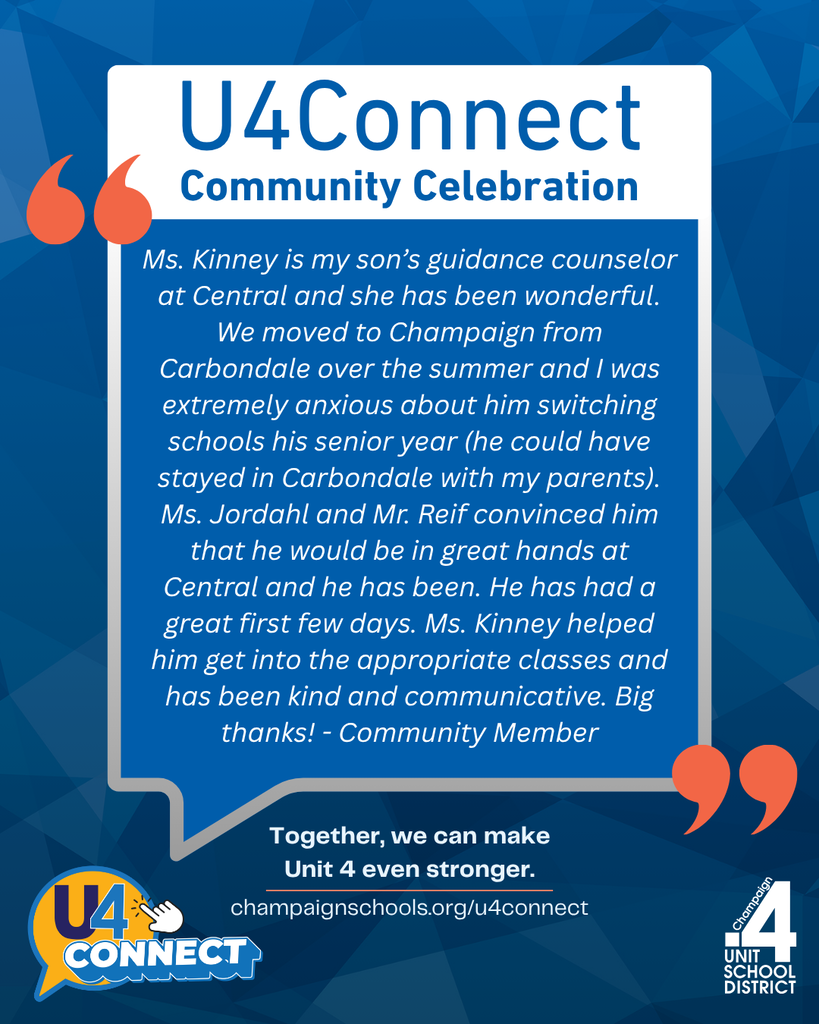 Ms. Kinney is my son’s guidance counselor at Central and she has been wonderful. We moved to Champaign from Carbondale over the summer and I was extremely anxious about him switching schools his senior year (he could have stayed in Carbondale with my parents). Ms. Jordahl and Mr. Reif convinced him that he would be in great hands at Central and he has been. He has had a great first few days. Ms. Kinney helped him get into the appropriate classes and has been kind and communicative. Big thanks!
