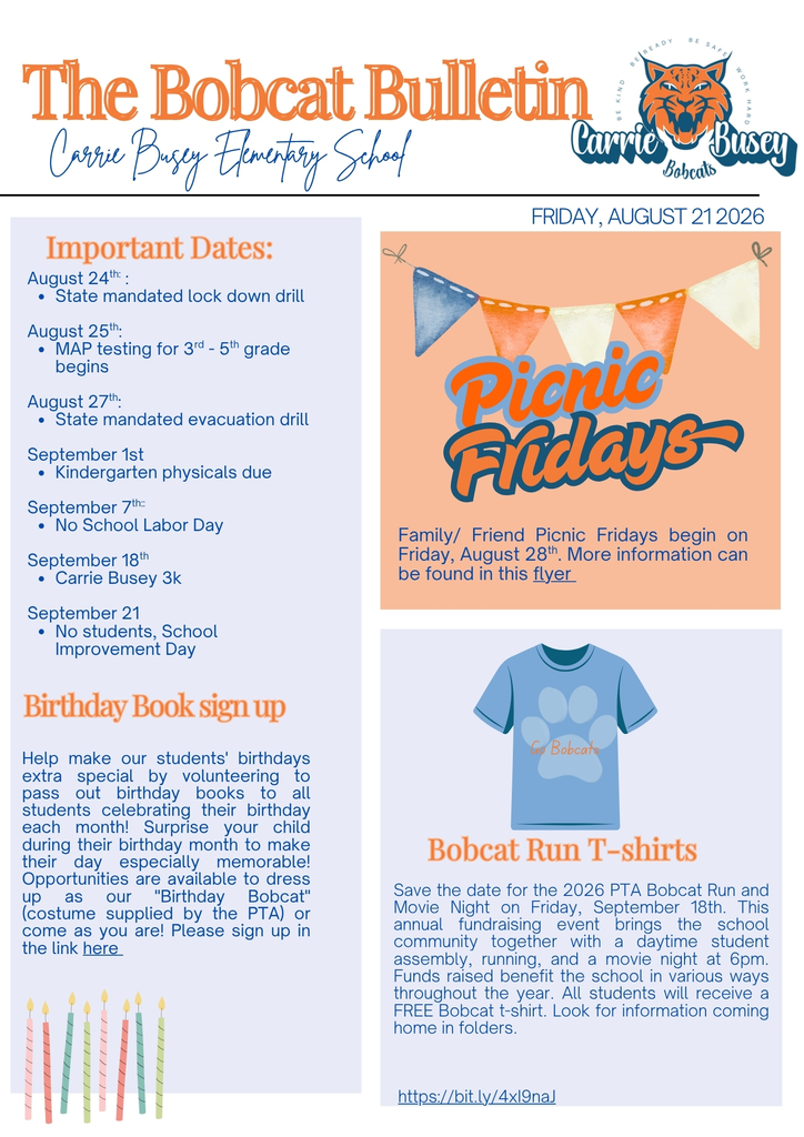 Bulletin features Bobcat Bulletin, Carrie Busy Elementary School, and "Picnic Fridays" information. Includes dates and details for events.