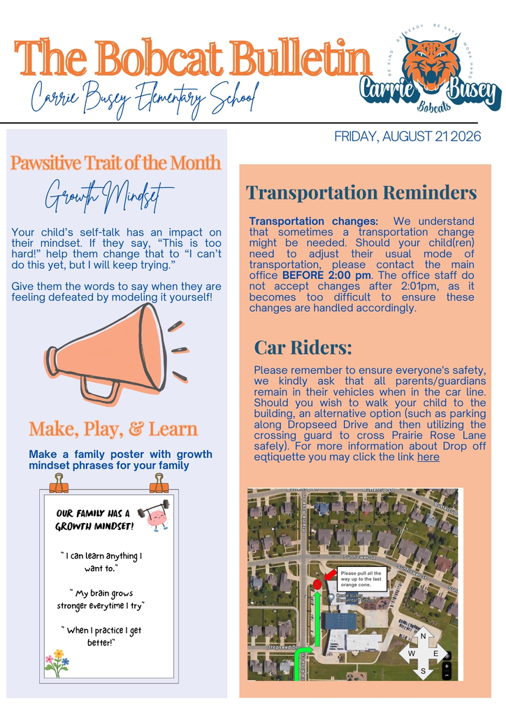 Bulletin with a headline and a map, an image of a megaphone, and text about a growth mindset.