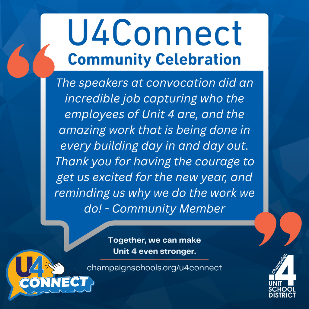 Blue background with white text. Text reads "U4Connect Community Celebration" and includes a speech bubble with positive community feedback.