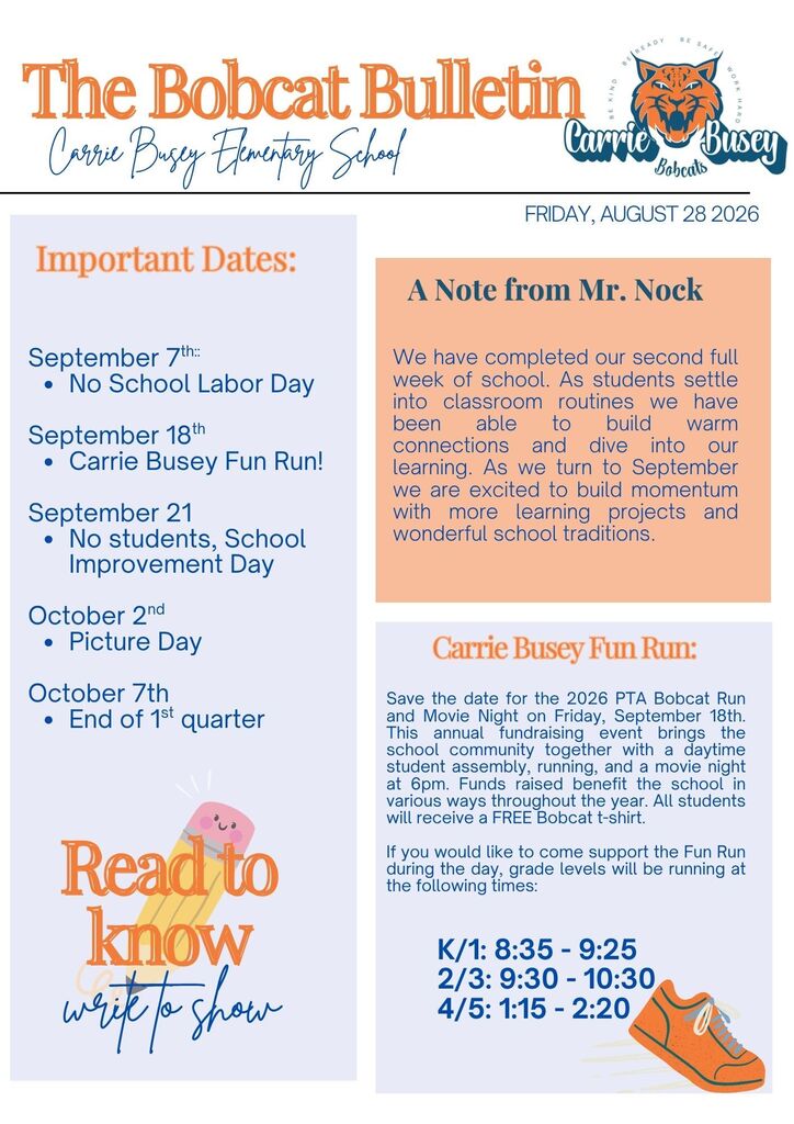 A bulletin displays key dates and an introduction. Important dates include September 7, 18, and 21, and October 2 and 7. A message from Mr. Nock emphasizes learning and traditions.