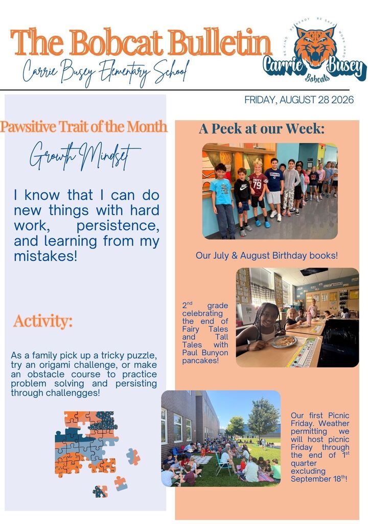A newsletter displays a page with a heading "The Bobcat Bulletin" and content. Photos of children walking and doing activities.