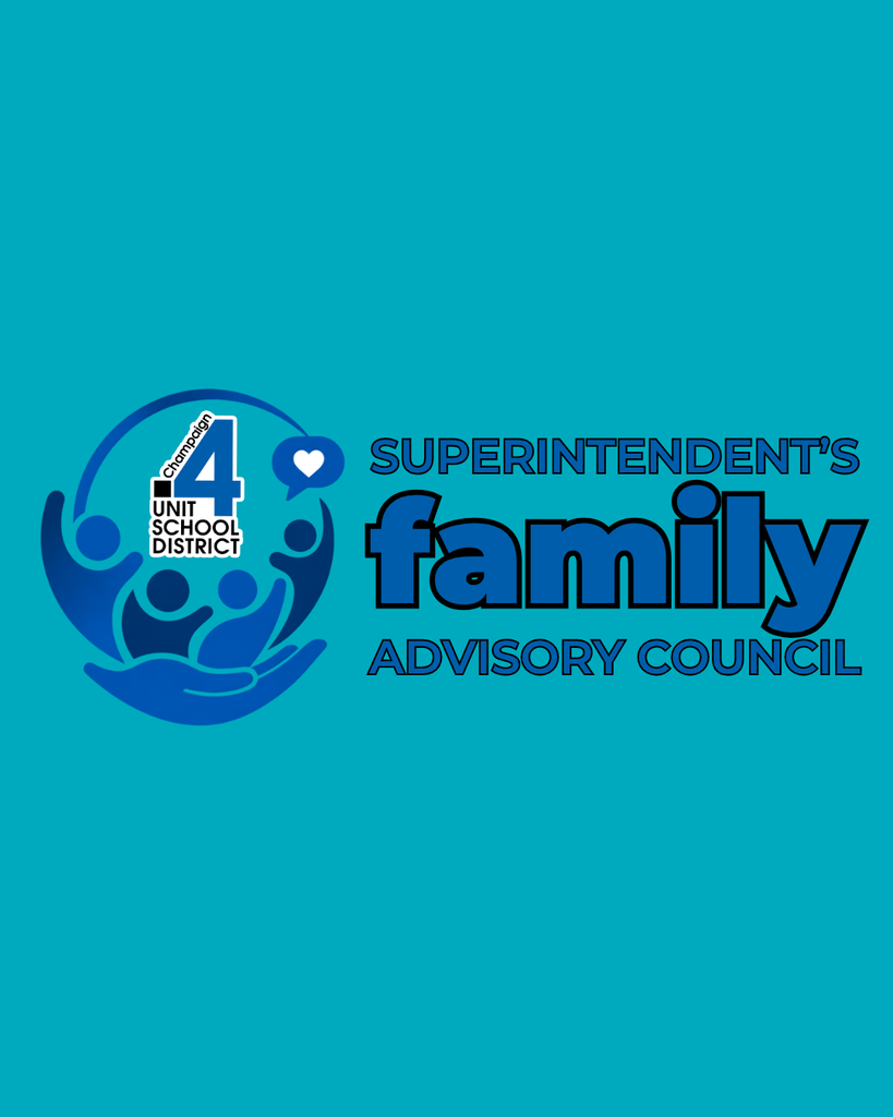Logo featuring blue heart and "4 Unit School District" text on teal background. "Superintendent's Family Advisory Council" text below.