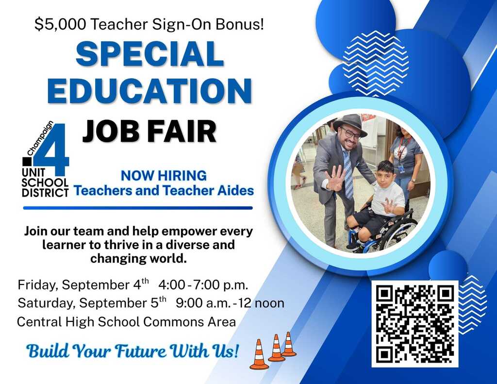 Flyer for Special Education Job Fair. Event on Fri, Sat. Times: 4-7 pm, 8-12 noon. QR code, person with child in wheelchair.