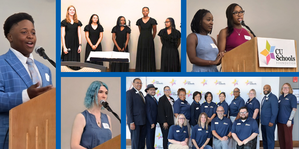 Collage of people at a CU Schools Foundation Kick-Off. Jayden speaks at a podium, a woman gives a speech, and others stand at podiums.