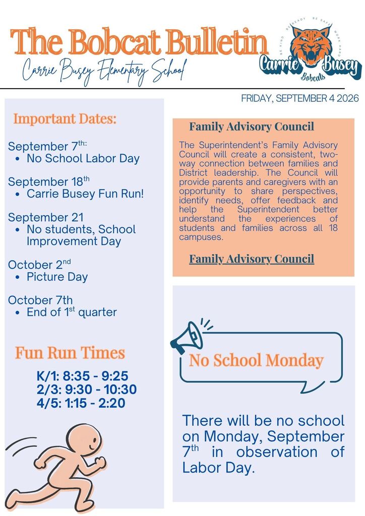 Flyer with the title "The Bobcat Bulletin" at the top, followed by text and a logo. Below are sections for "Important Dates", "Family Advisory Council", and "Fun Run Times".