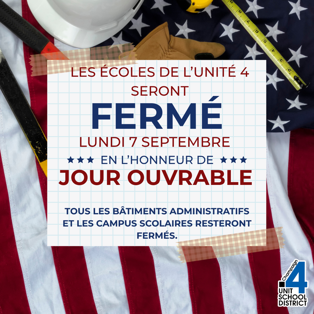 Poster with white text on red background. All buildings closed on Labor Day. Symbolic construction tools and white hard hat on top.