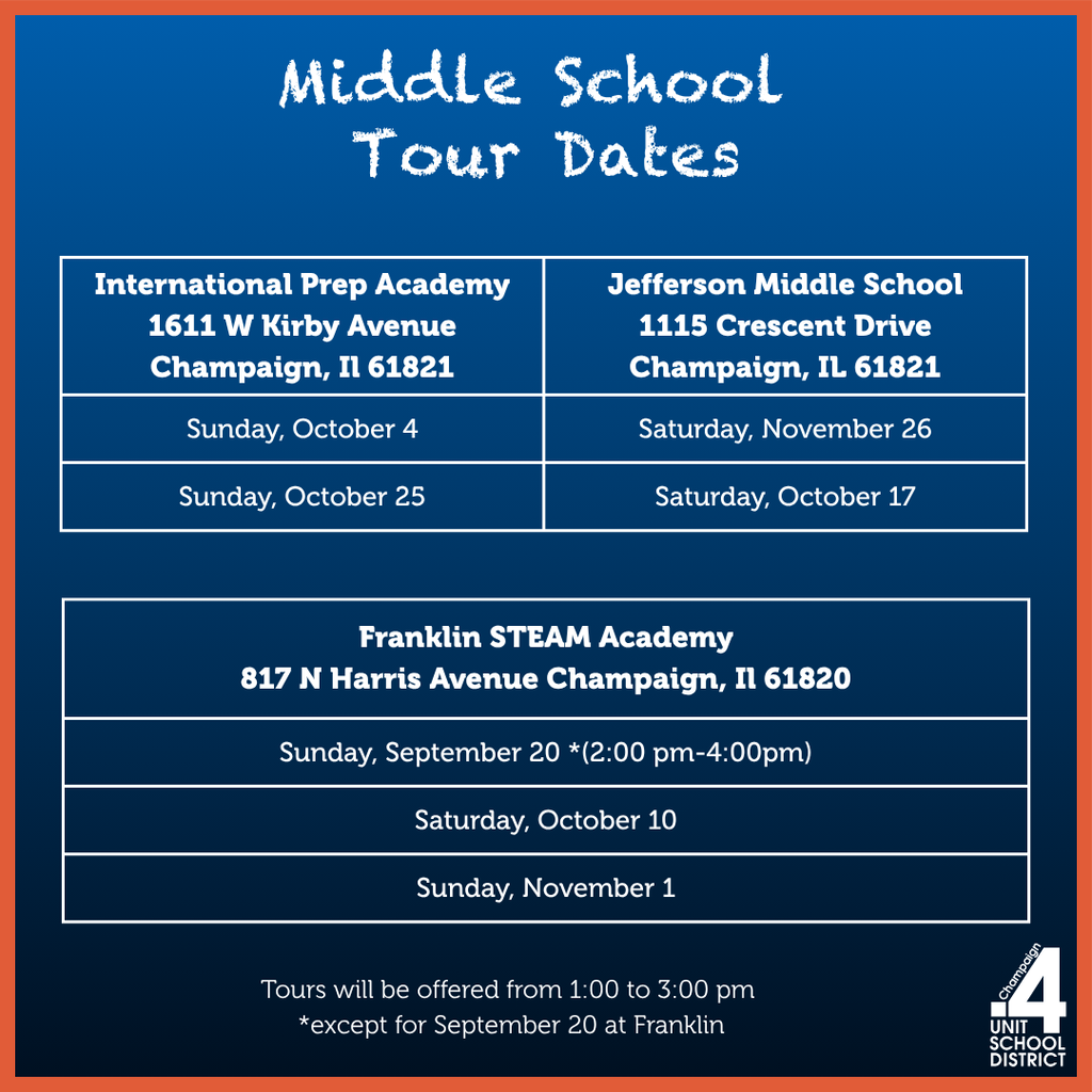 Blue background with white text. Three schools and their respective dates and times for middle school tours.