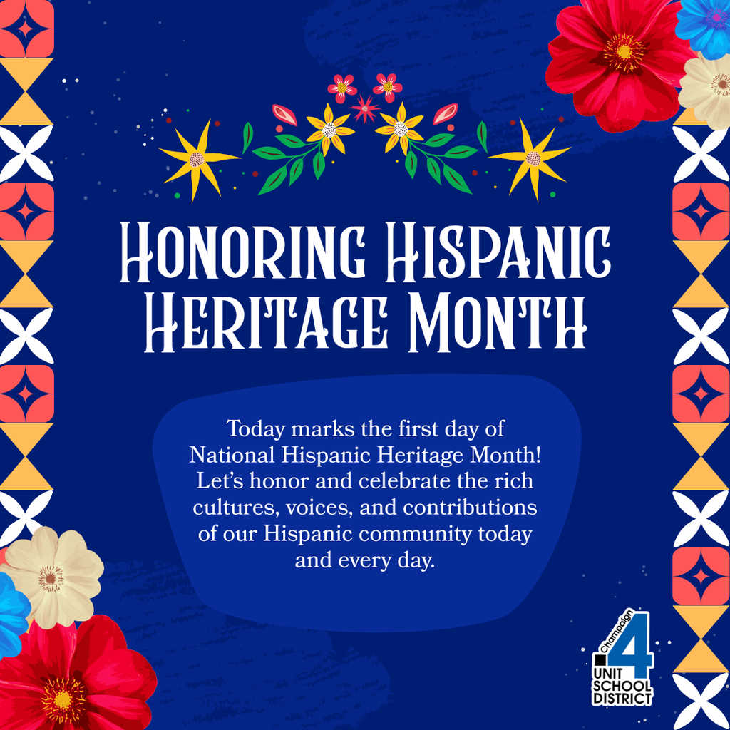 A blue background displays vibrant flowers and stars. Text reads "HONORING HISPANIC HERITAGE MONTH". An overlay reads "Today marks the first day of National Hispanic Heritage Month! Let's honor and celebrate..."