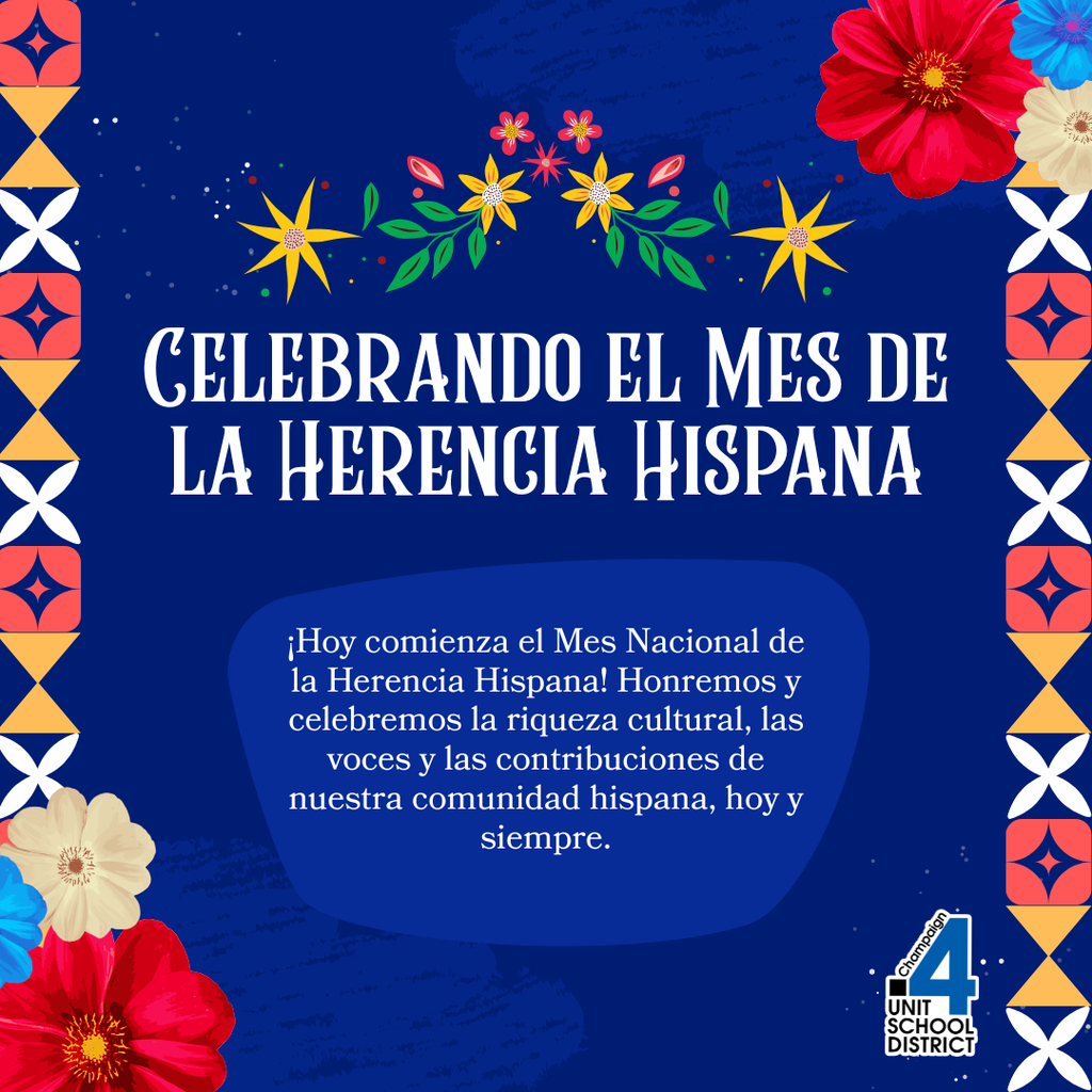 An invitation displays "Celebrando el Mes de la Herencia Hispana" with colorful floral and star patterns on a blue background.